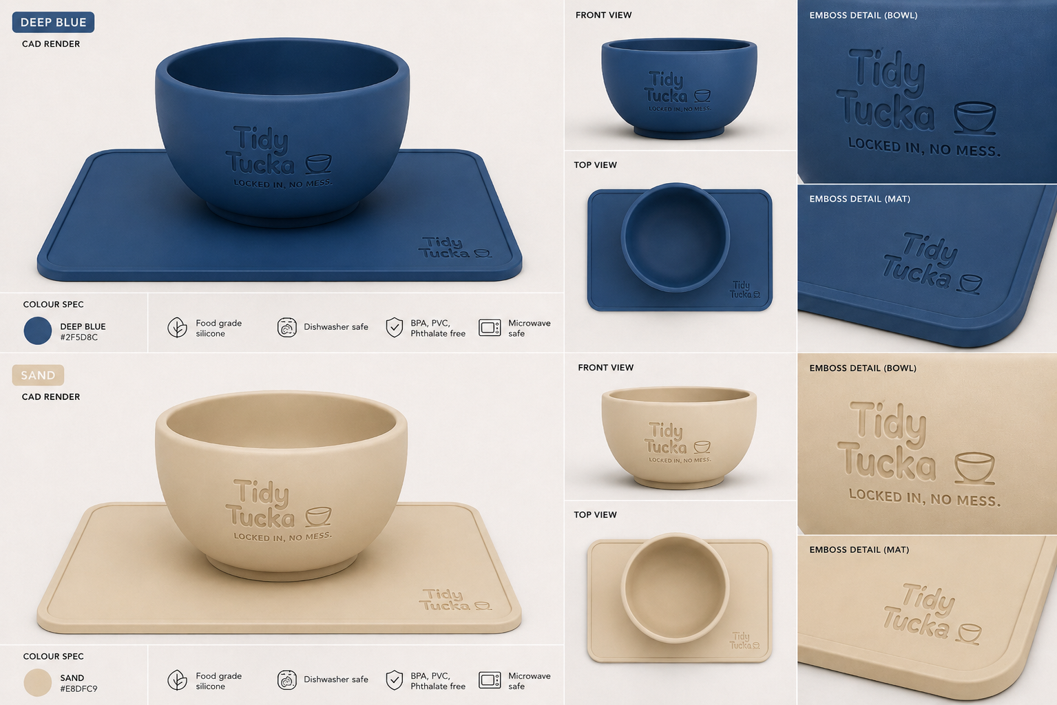 Tidy Tucka Mealtime Duo — Mixed Pack (1 Blue + 1 Sand)